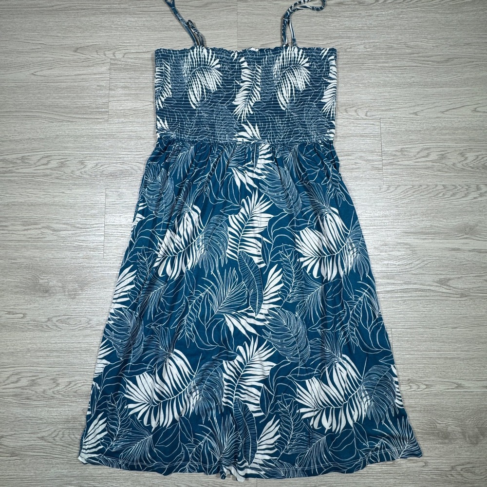 Blue Tropical Print Smocked Midi Dress